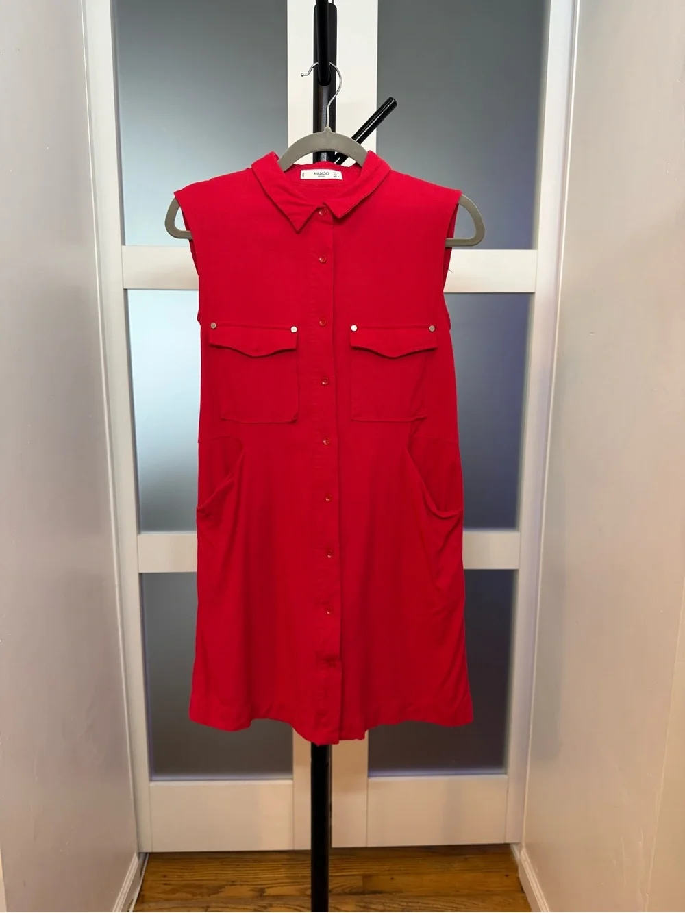 Mango Casual Red Sleeveless Button Up Shirt Dress with Pockets, Size 6